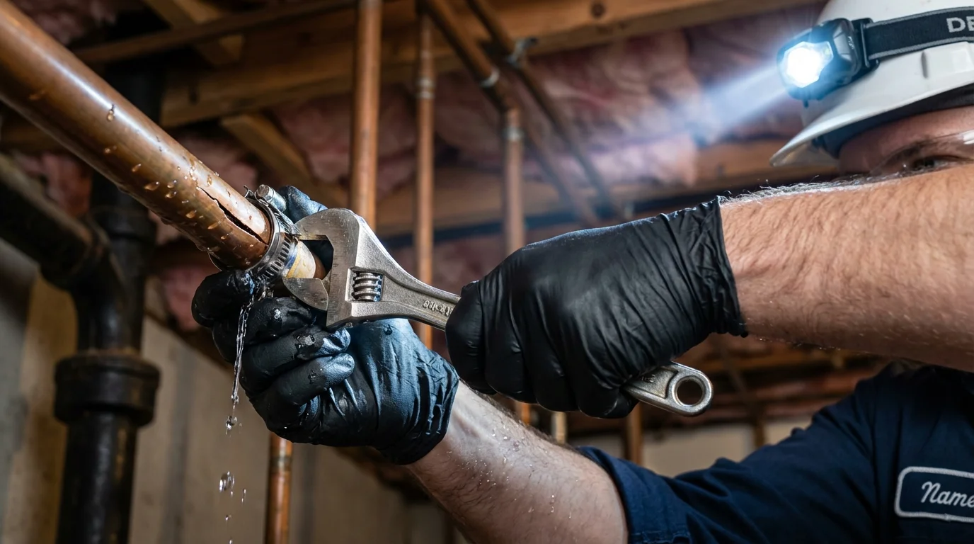 Emergency pipe clamp repair being performed by a Johns Plumbing LLC plumber in New Berlin