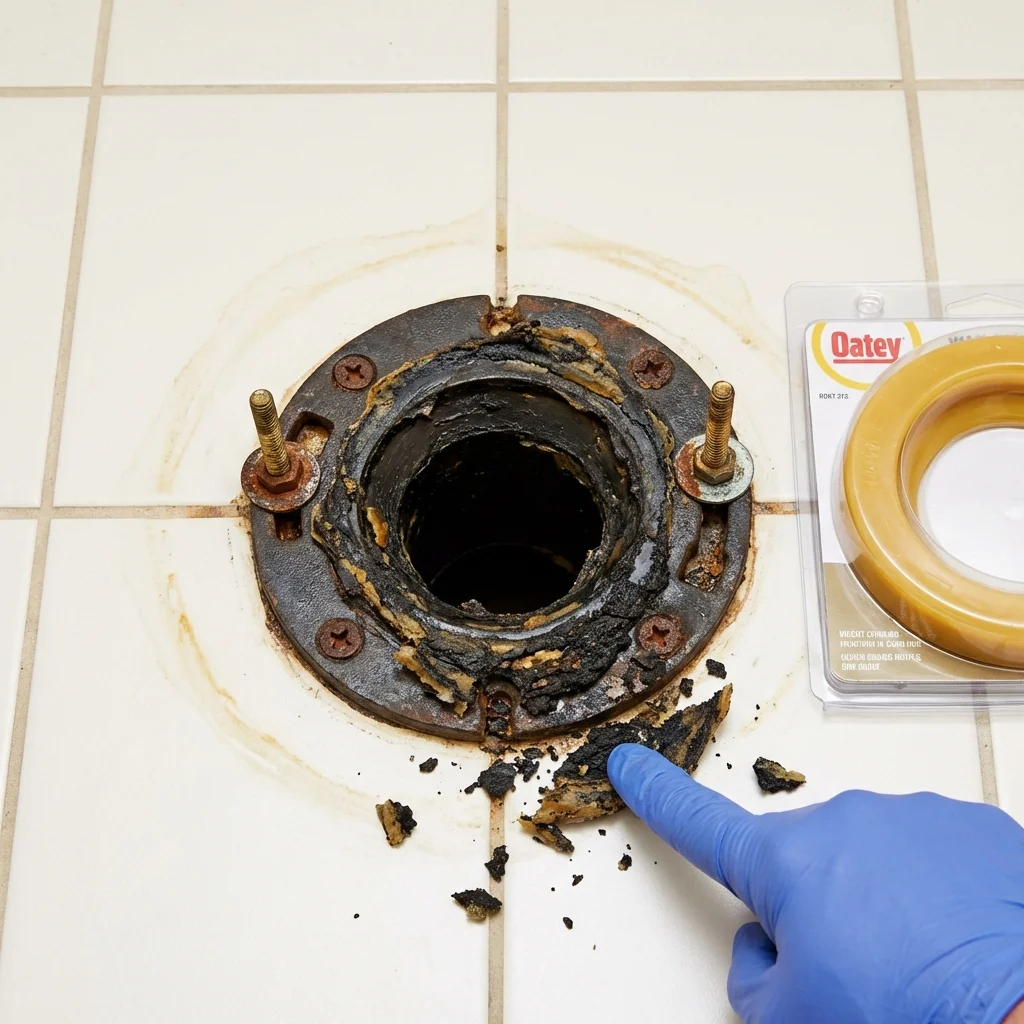 Failed wax ring showing water seepage at the base of a toilet in a New Berlin, IL home