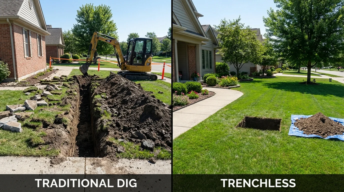 Trenchless sewer repair with minimal yard damage versus traditional excavation in New Berlin, IL