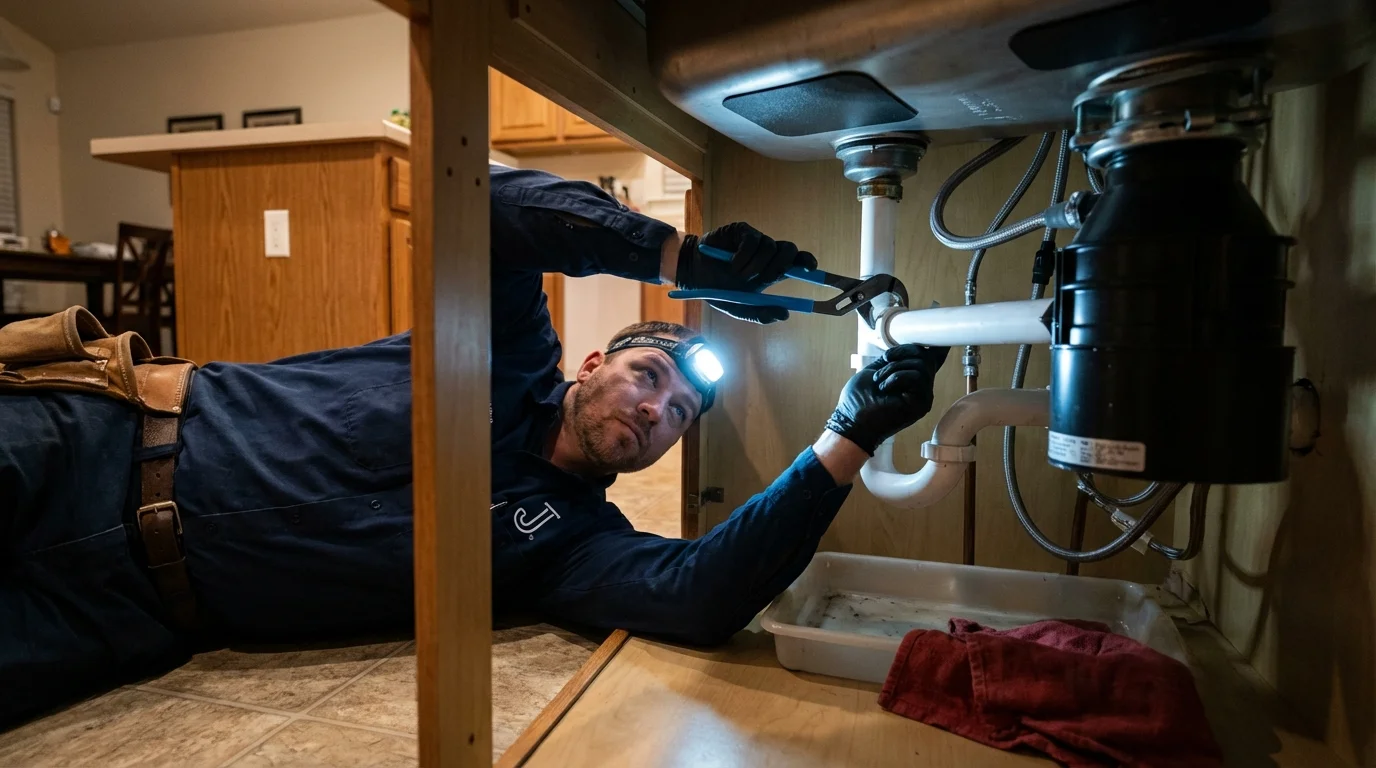 P-trap and supply line connections under a kitchen sink showing a common leak point in New Berlin, IL